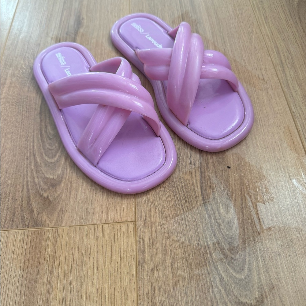 Larroude Pink Glossy Crisscross Slide Sandals